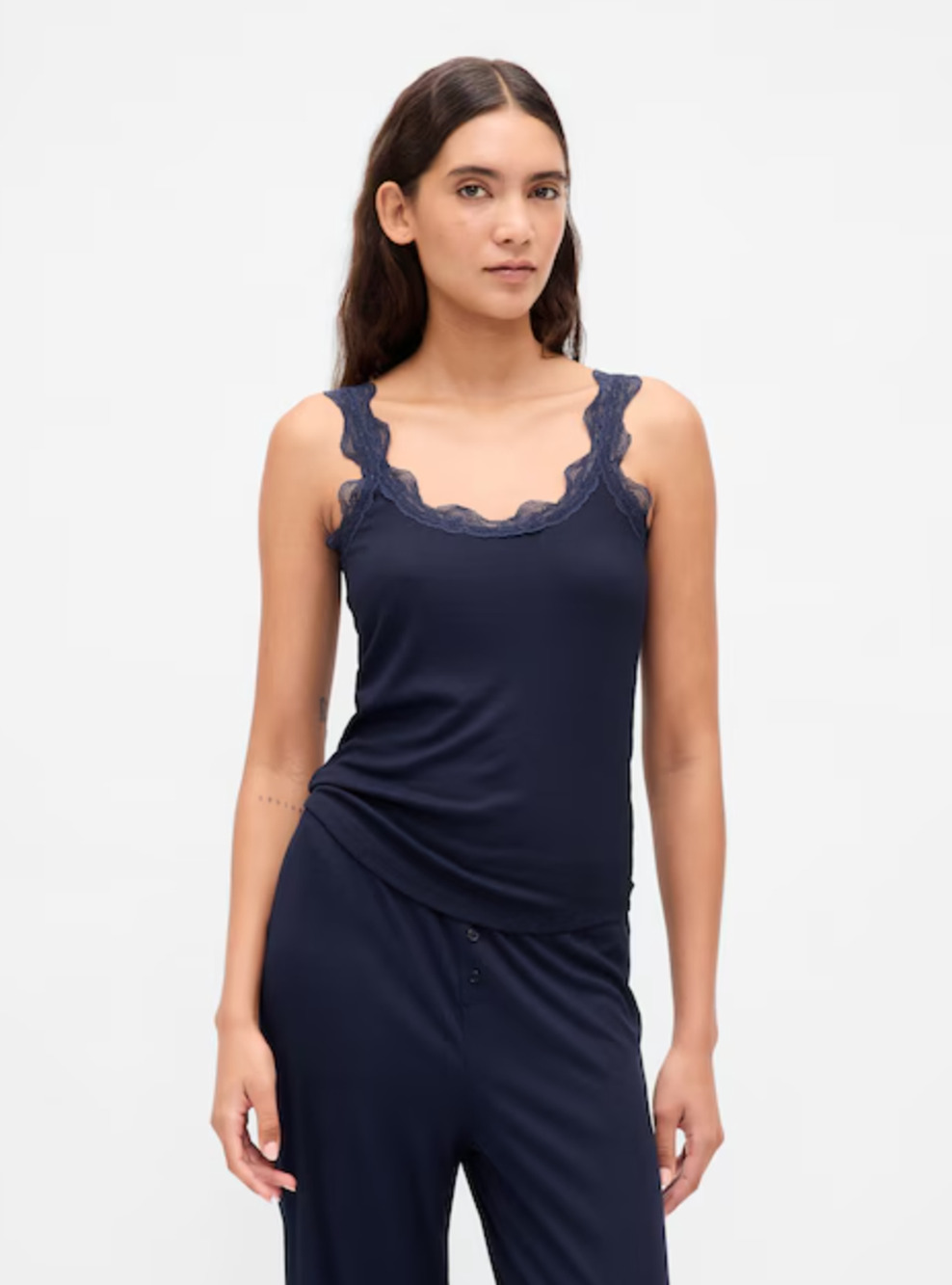 NWT Gap Body Micro Rib Lace Trim PJ Tank Top Womens Small Navy Scoop Sleepwear